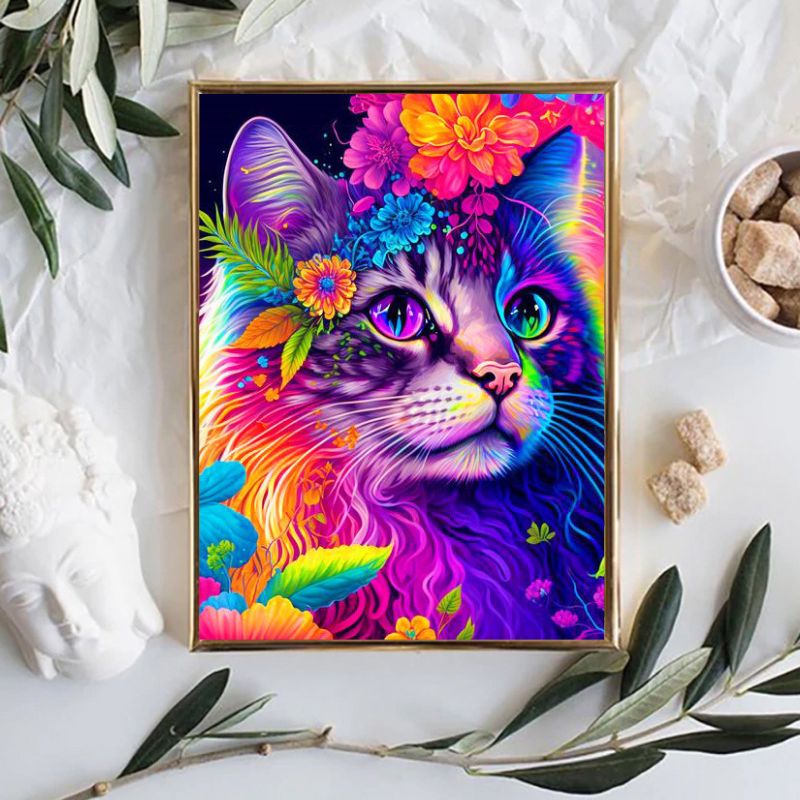 Tableau Chat Multicolore cadre