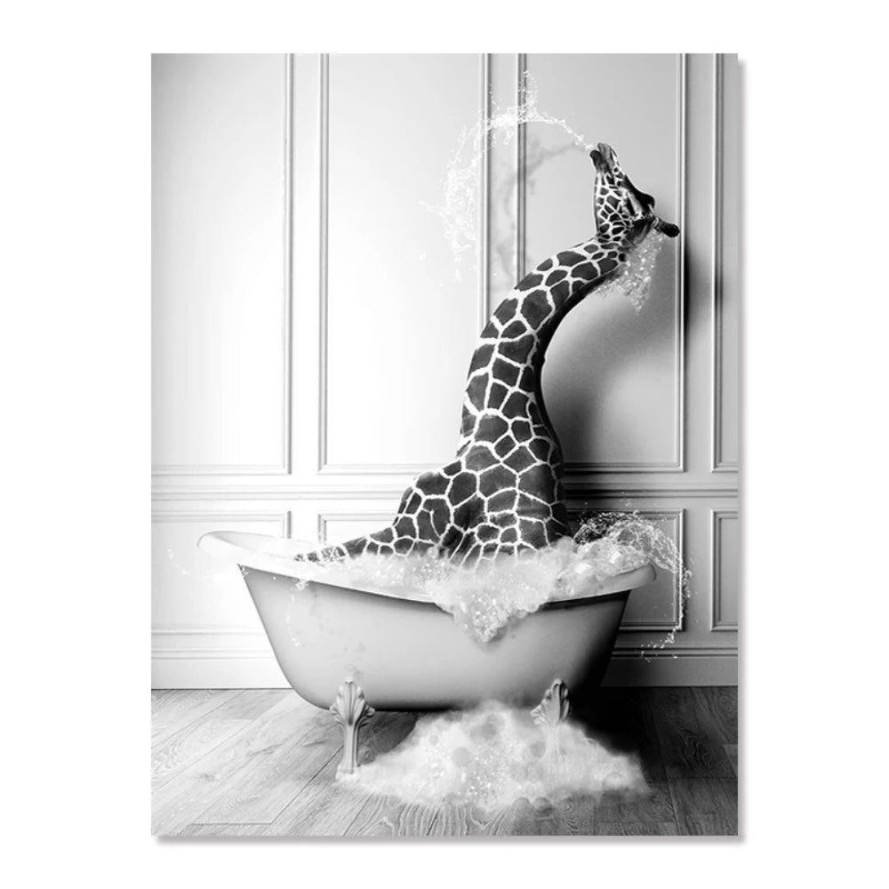 Tableau girafe dans la baignoire salle de bain