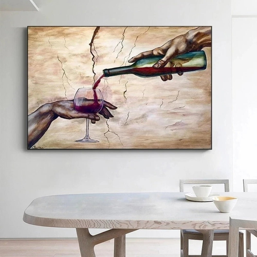 Tableau parodie la création d'Adam verre de vin deco mural