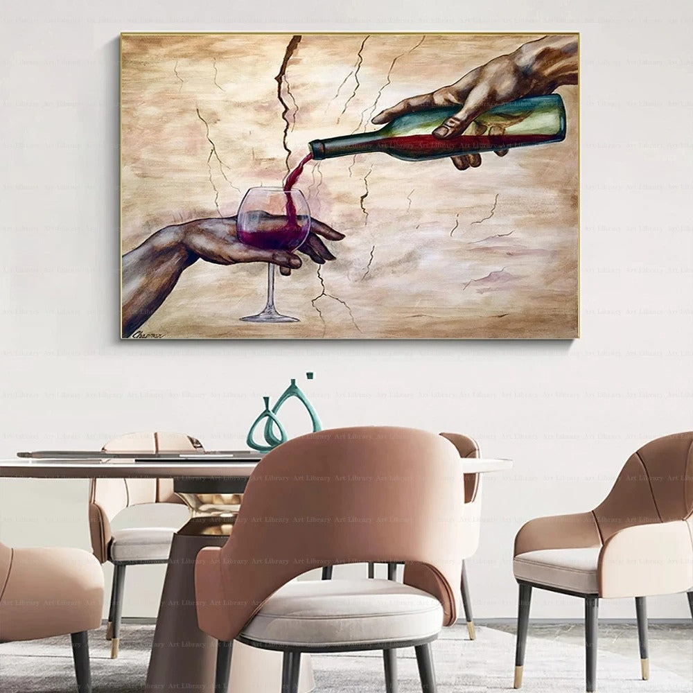 Tableau parodie la création d'Adam verre de vin