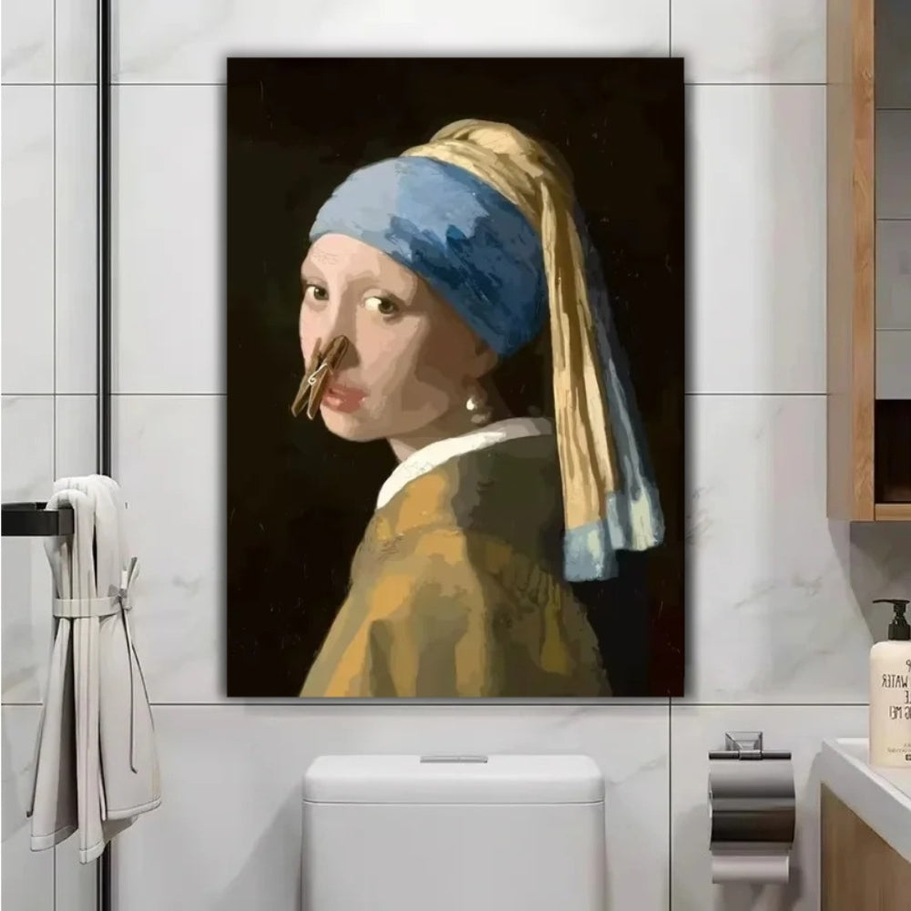 Tableau parodie la jeune fille à la perle deco toilette