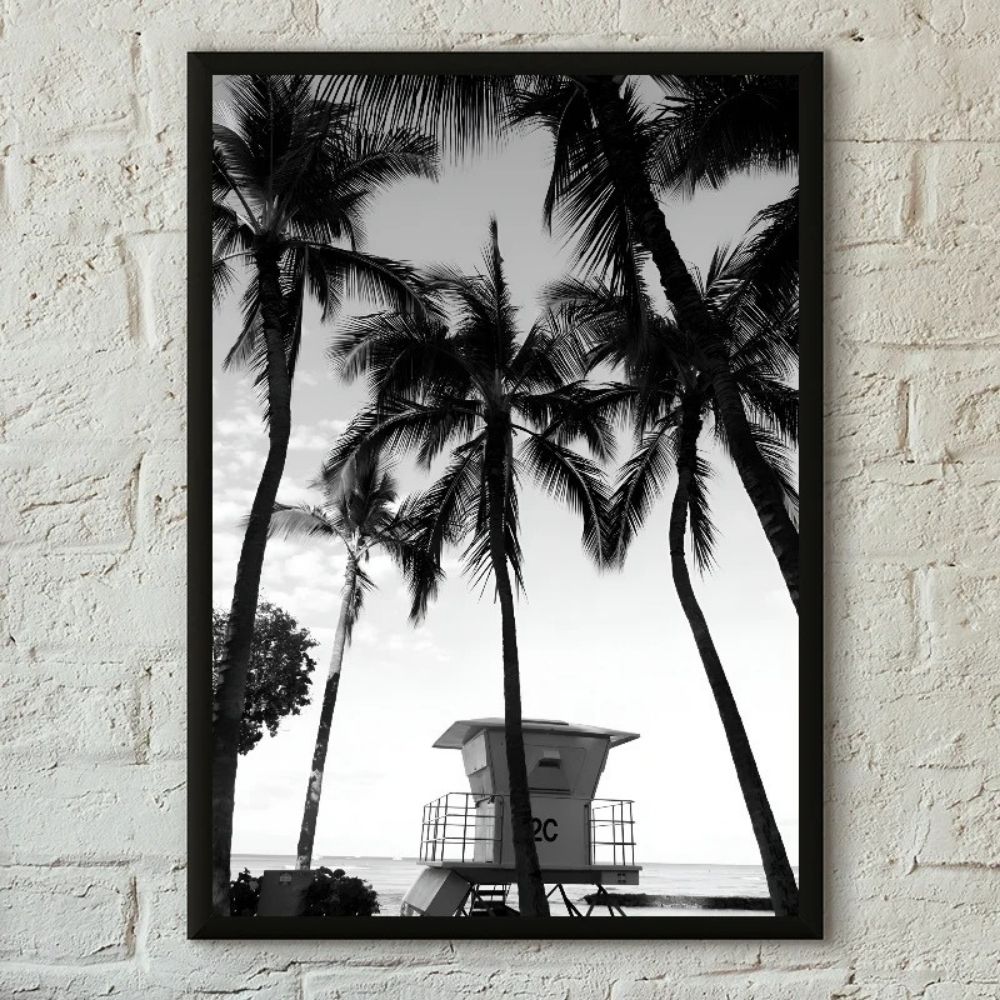 Tableau photographie cabane du sauveteur et palmiers noir et blanc deco