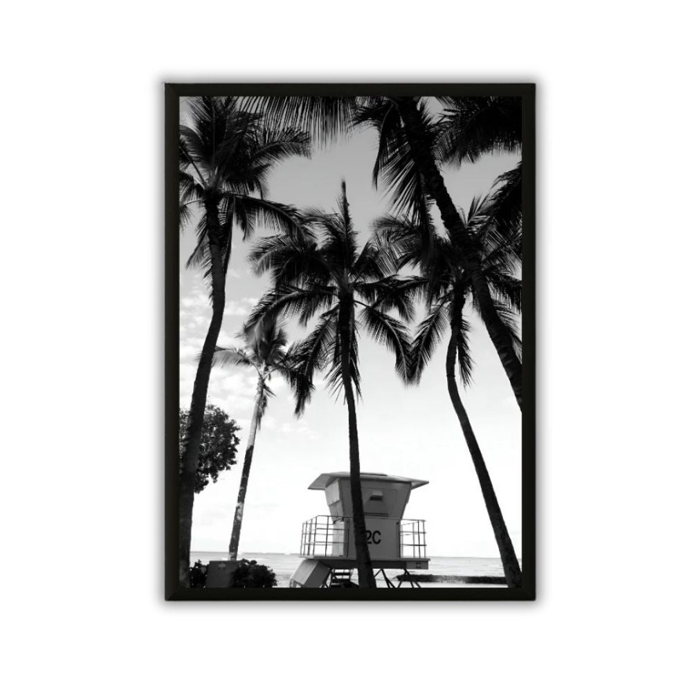 Tableau photographie cabane du sauveteur et palmiers noir et blanc decoration