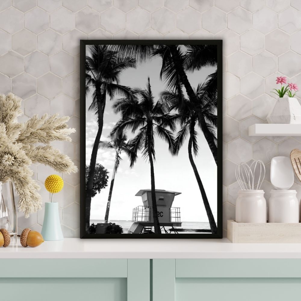 Tableau photographie cabane du sauveteur et palmiers noir et blanc