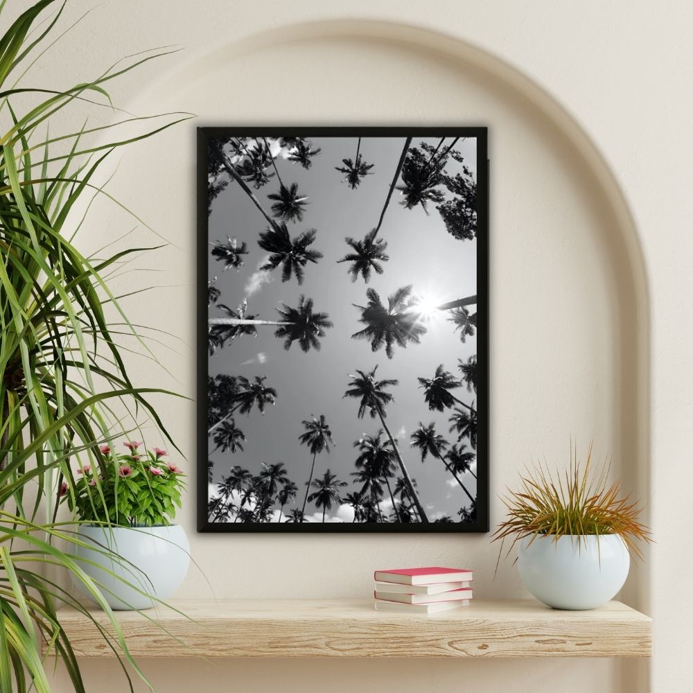 Tableau photographie palmiers en contre-plongée noir et blanc