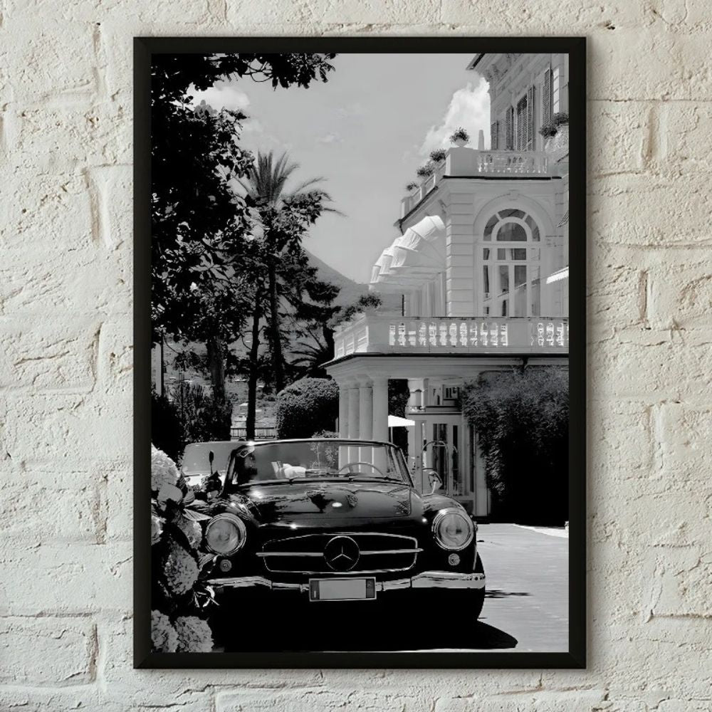Tableau photographie voiture vintage et villa noir et blanc deco