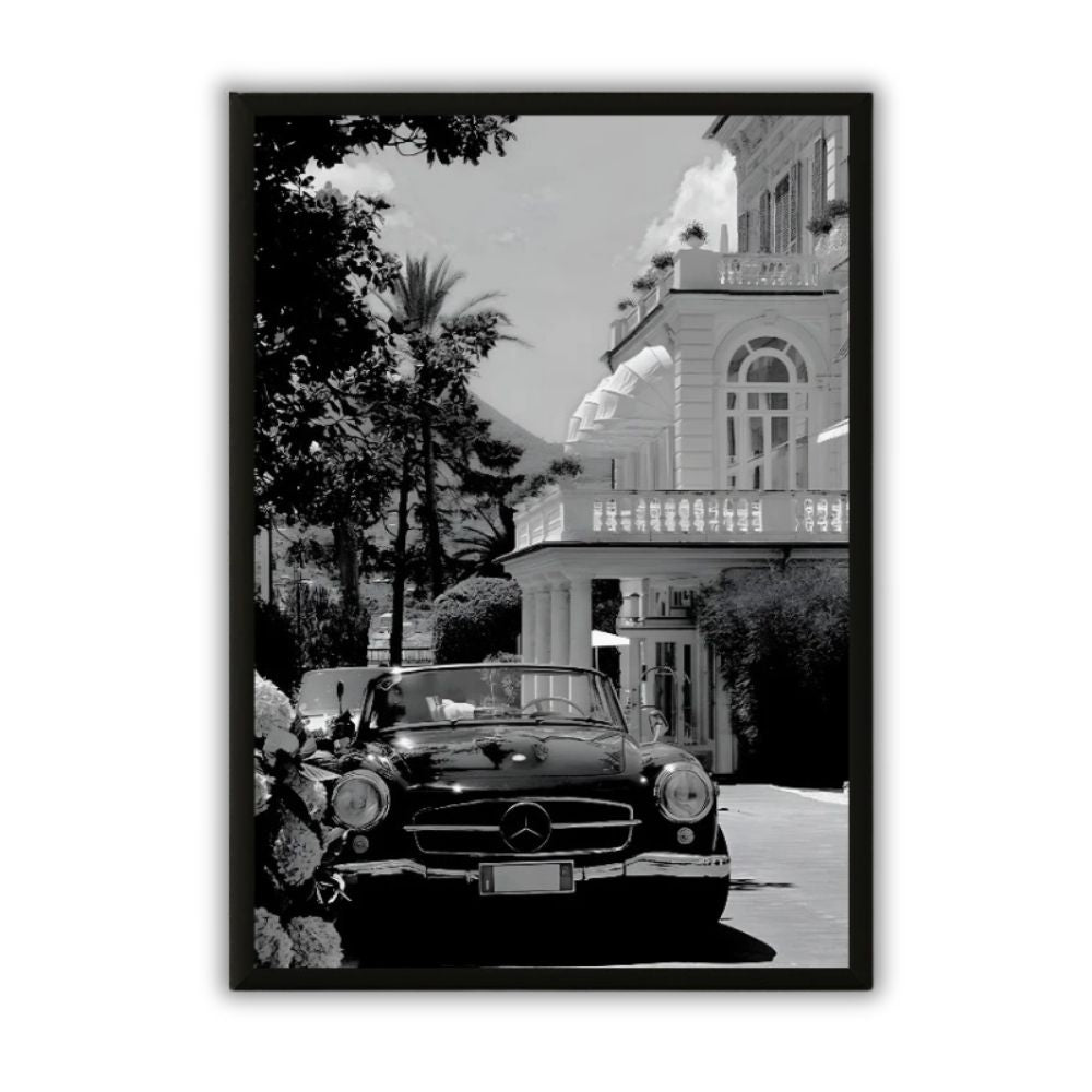Tableau photographie voiture vintage et villa noir et blanc decoration