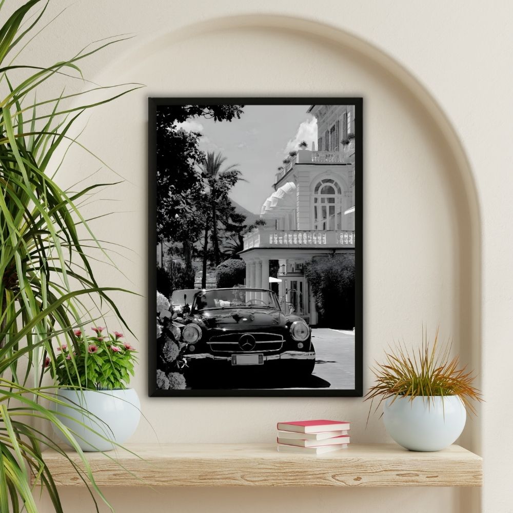 Tableau photographie voiture vintage et villa noir et blanc