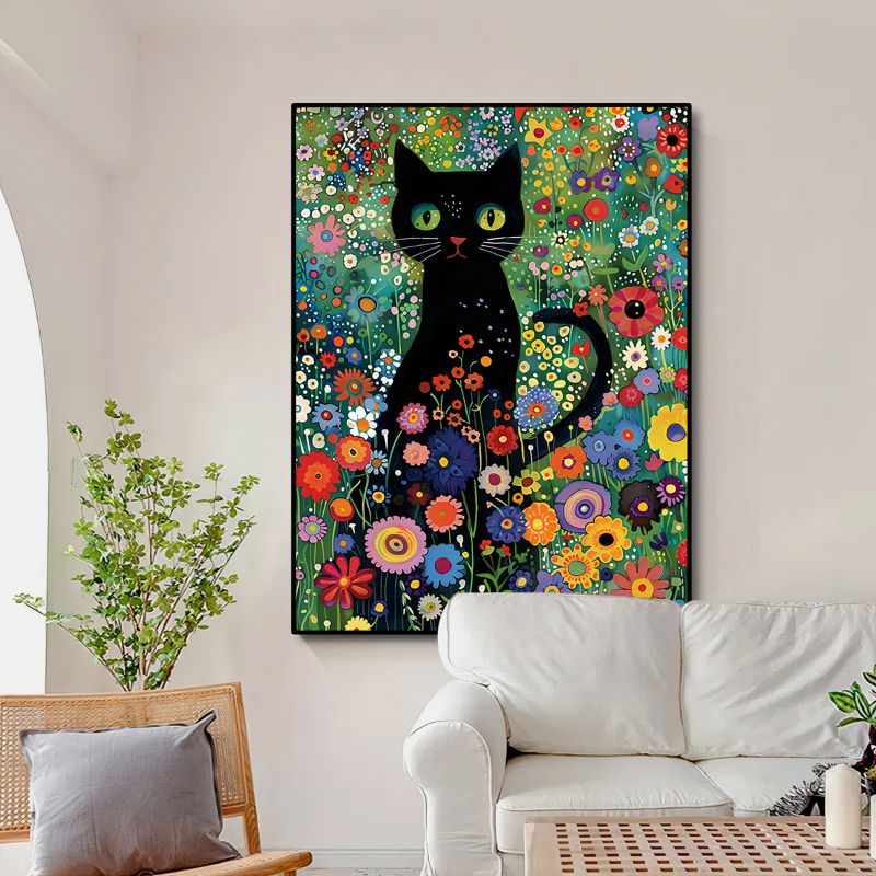 TableauChatNoiretChampdeFleursColore canape