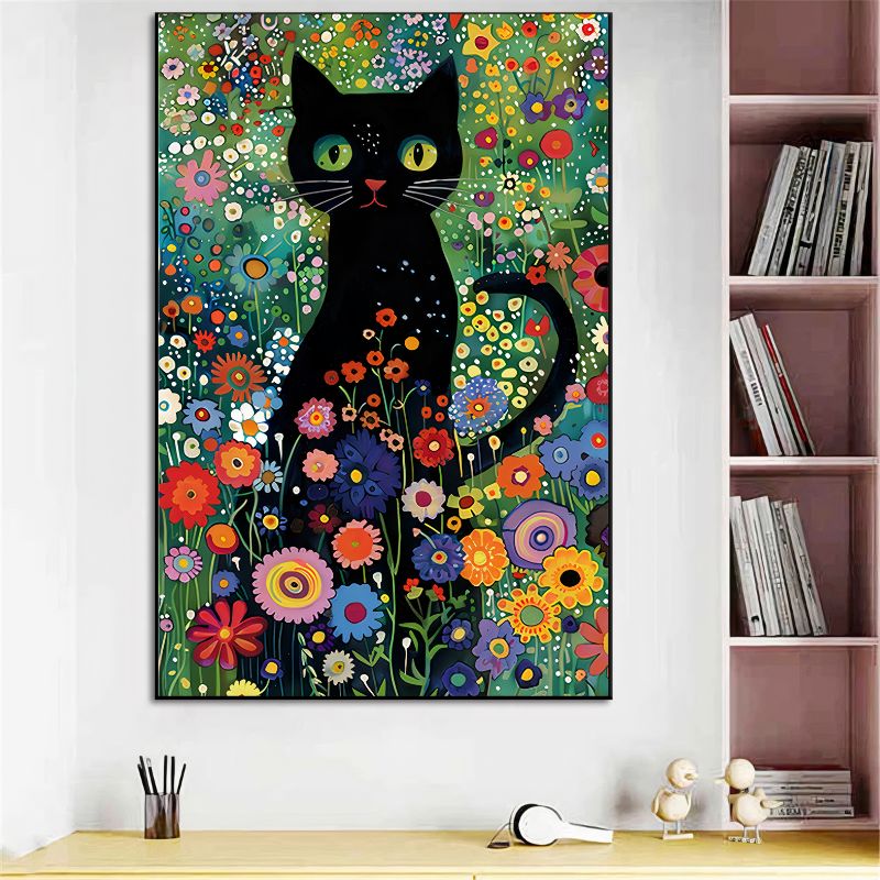 TableauChatNoiretChampdeFleursColore bibliotheque