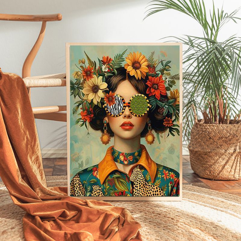 TableauFemmeBohemeauxCheveuxFleuris pot fleur