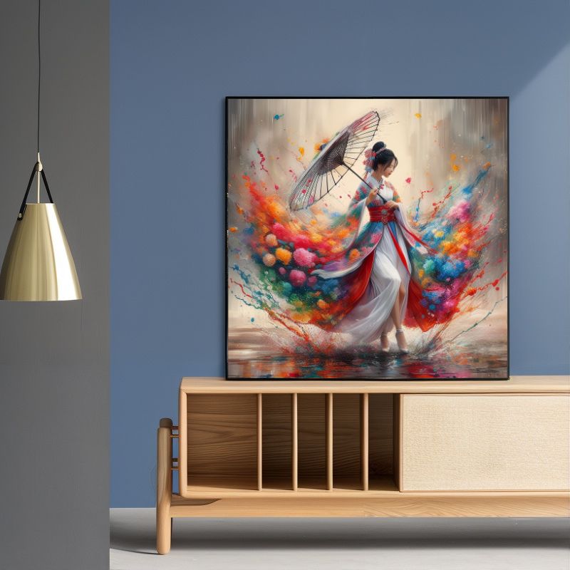 TableauFemmeChinoiseHanfuetOmbrelle bahut