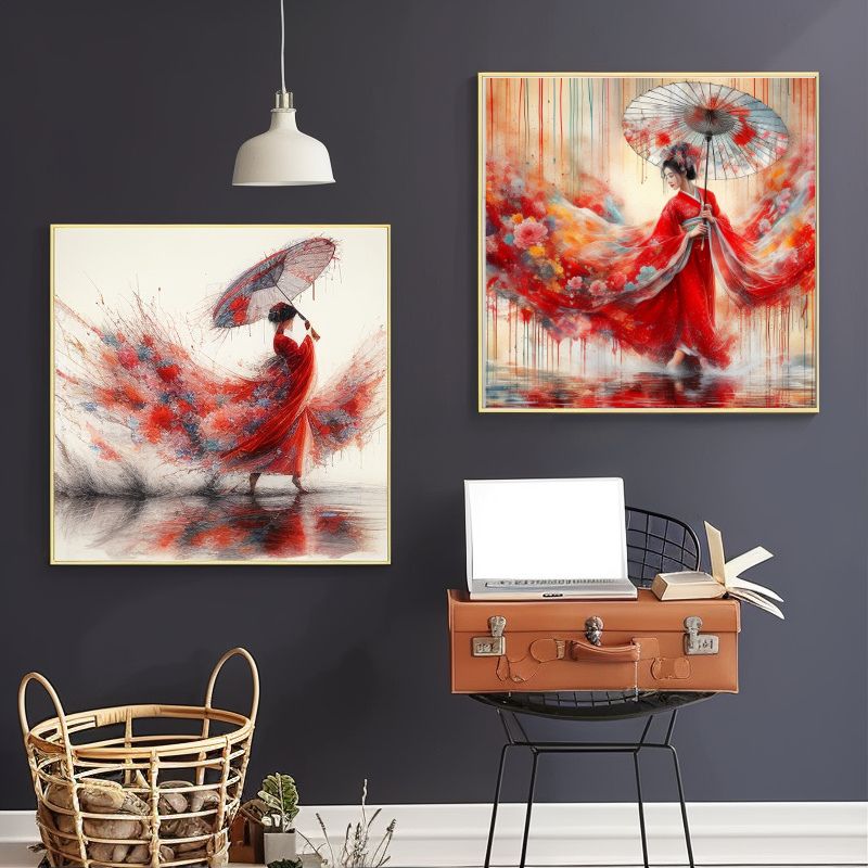 TableauFemmeChinoiseHanfuetOmbrelle mural