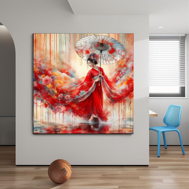 TableauFemmeChinoiseHanfuetOmbrelle couloir