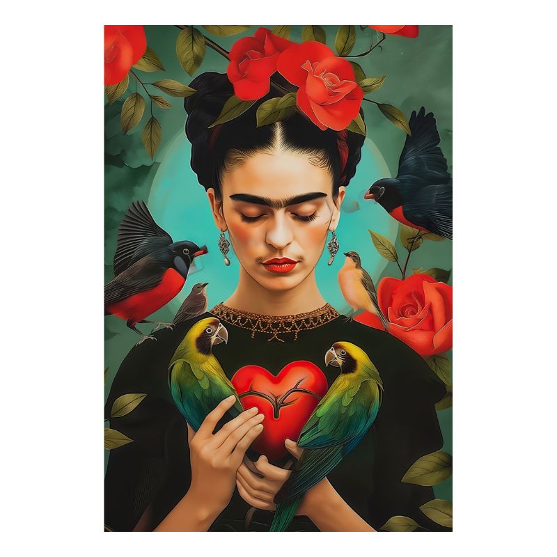 TableauFridaKahloPerroquetsetRoses toile