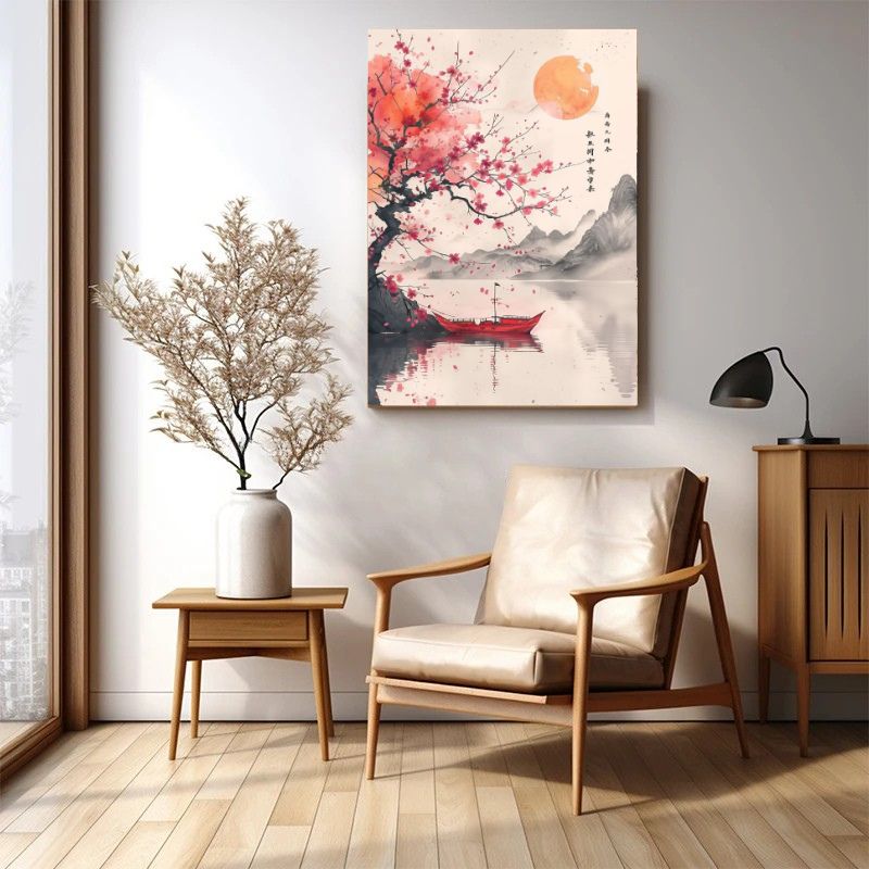 Tableau Japonais Zen Cerisier en Fleur et Lac salon