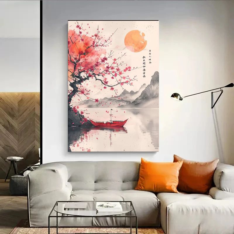 Tableau Japonais Zen Cerisier en Fleur et Lac canape