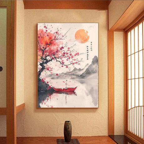 Tableau Japonais Zen Cerisier en Fleur et Lac couloir