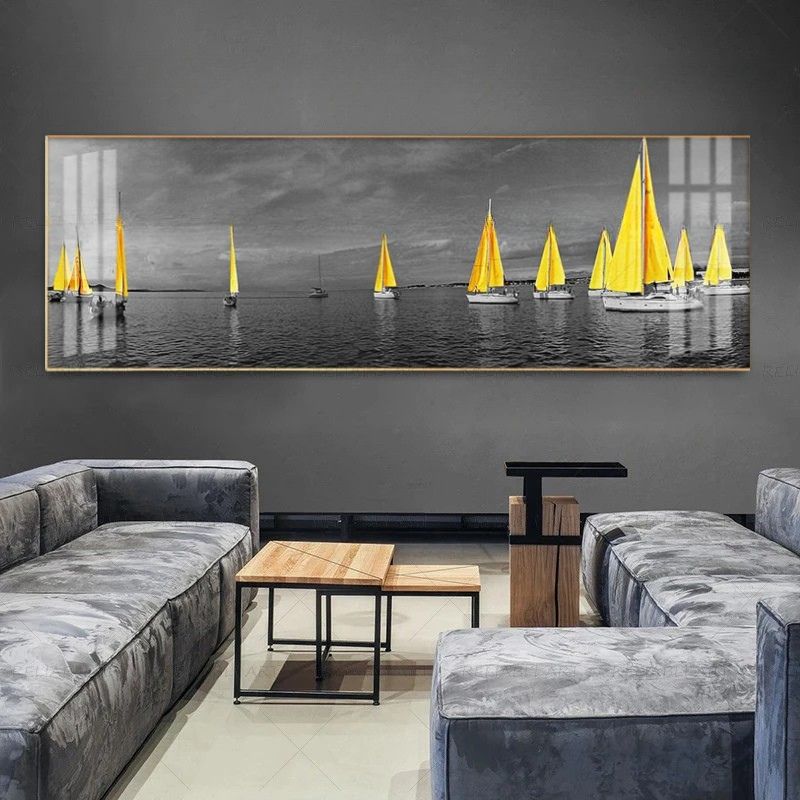 Tableau Voilier Jaune Noiret Blanc salon