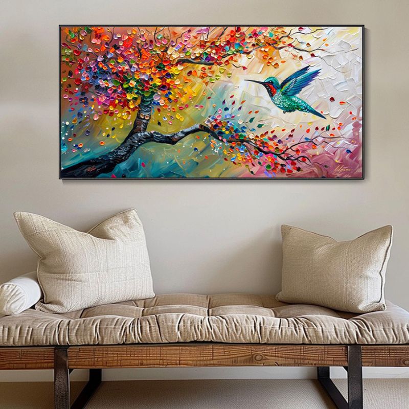 Tableauarbreenfleursetsoncolibri mural