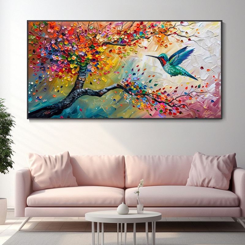 Tableauarbreenfleursetsoncolibri canape