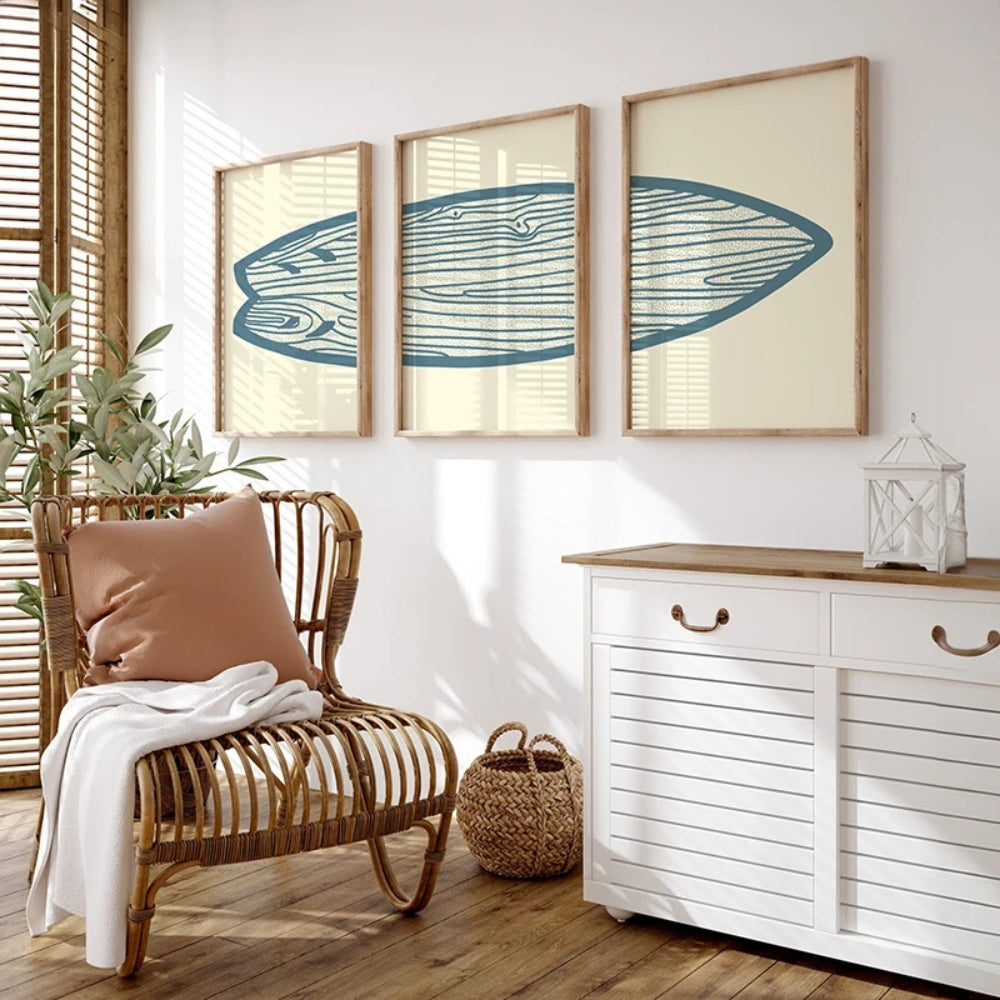 Triptyque planche de surf en bois bleu deco salon