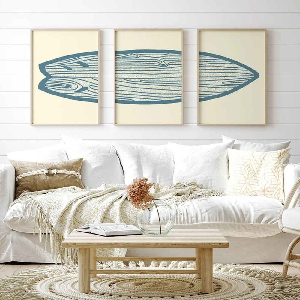 Triptyque planche de surf en bois bleu deco