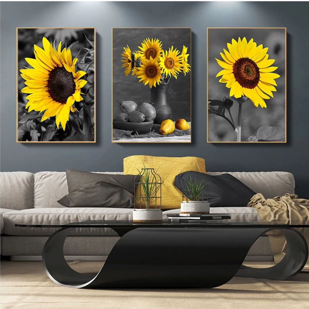 Triptyque tournesols noir et blanc tableau design