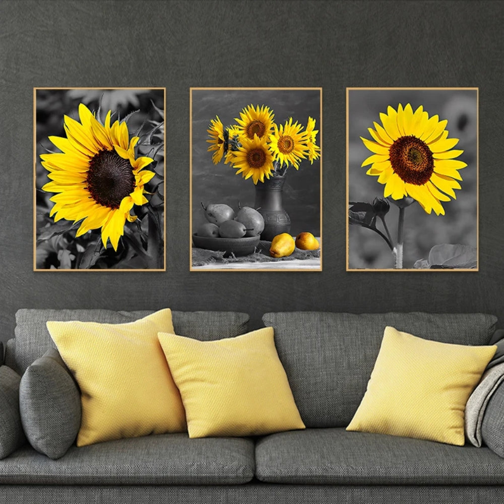 Triptyque tournesols noir et blanc