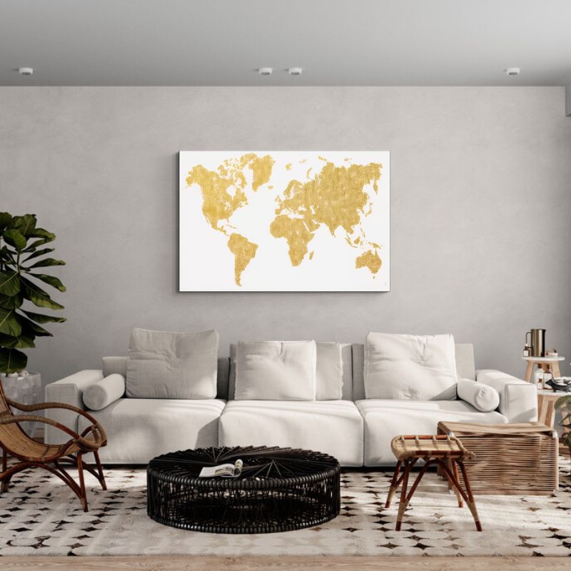 Tableau carte du monde dore cadre