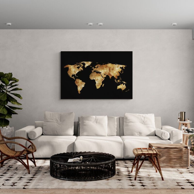 Tableau carte du monde noir et or cadre