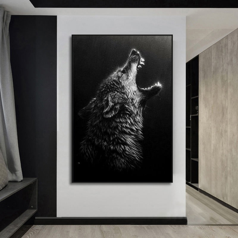 Tableau loup noir et blanc