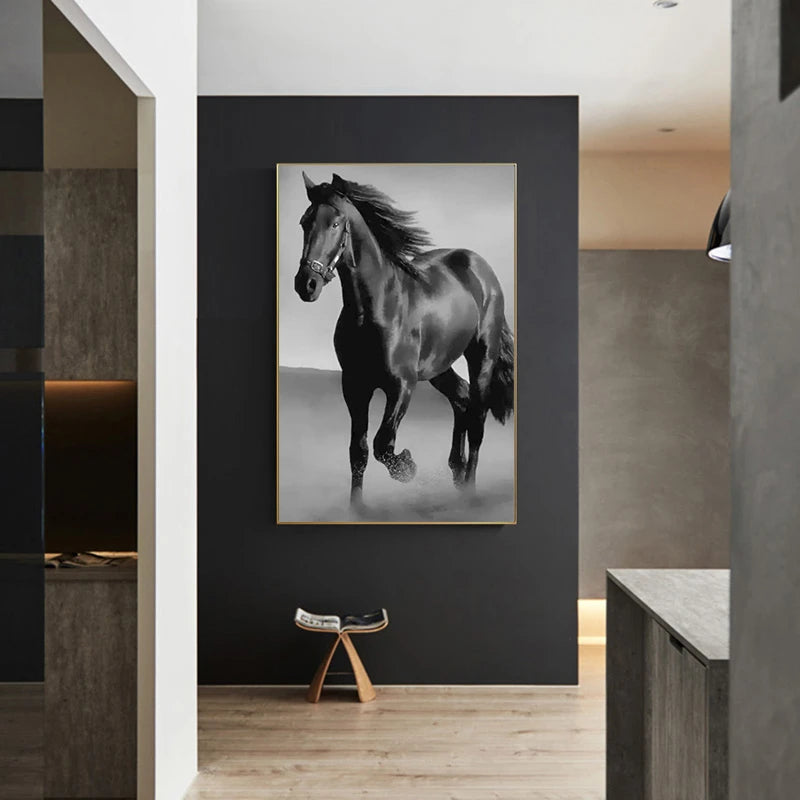 Tableau cheval noir cadre