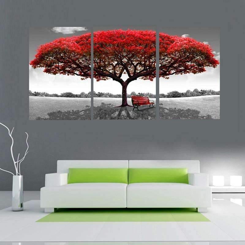 ARBRE ROUGE - TRIPTYQUE - Toile imprimée sur châssis - Art-Cadre.fr