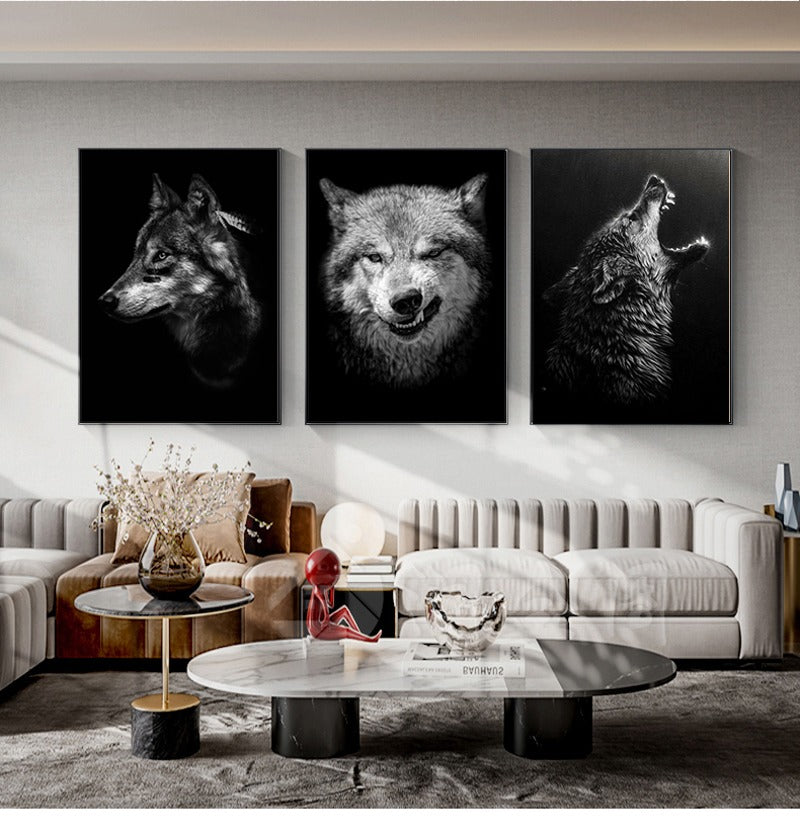 Tableau loup noir et blanc