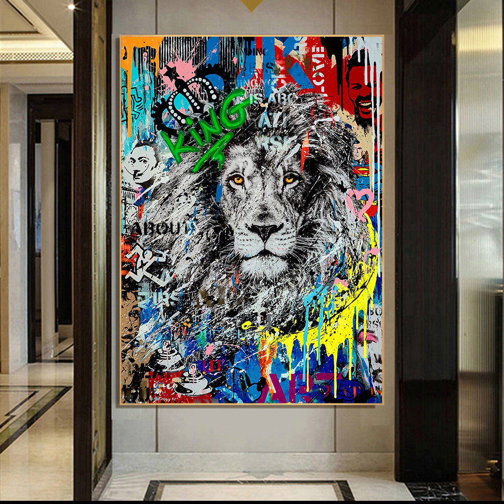 tableau lion street art cadre