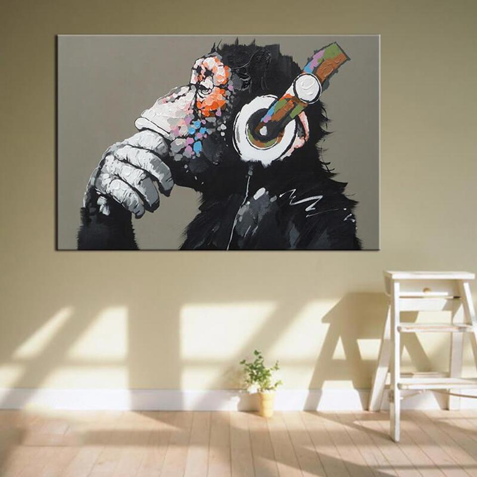 tableau cadre SINGE MÉLOMANE avec casque audio - Toile imprimée sur châssis - Art-Cadre.fr