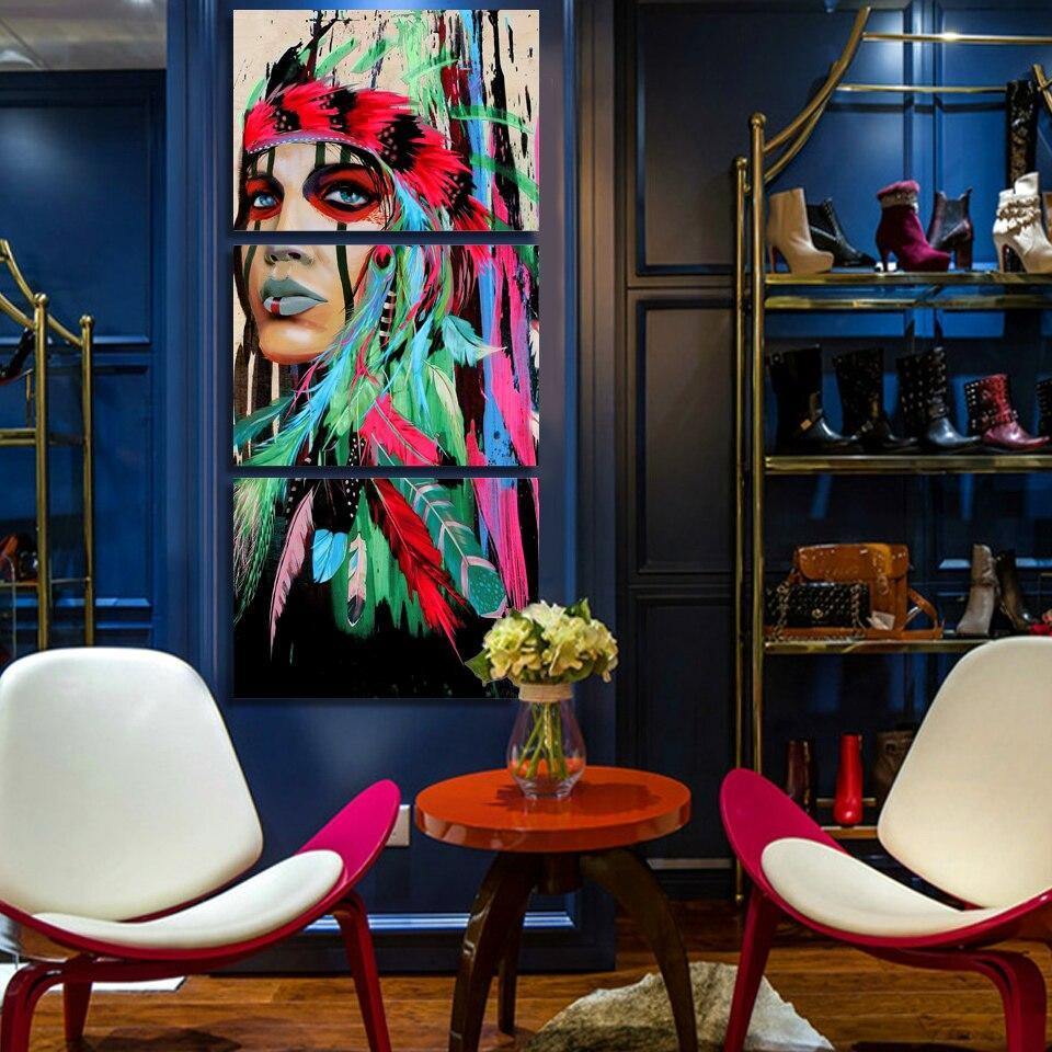 Tableau Amérindienne verte | Triptyque, décoration murale pour la salle à manger. - Art-Cadre.fr