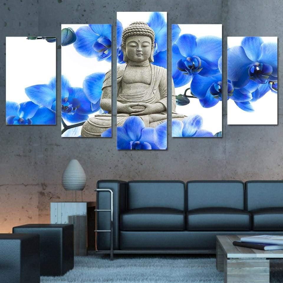 BOUDDHA, FLEURS BLEUES - Tableau mural sur toile imprimée - Art-Cadre.fr