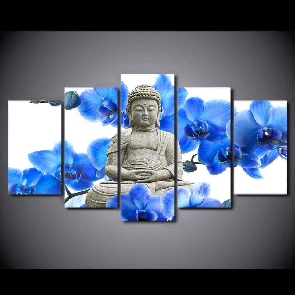 BOUDDHA, FLEURS BLEUES - Tableau mural sur toile imprimée - Art-Cadre.fr