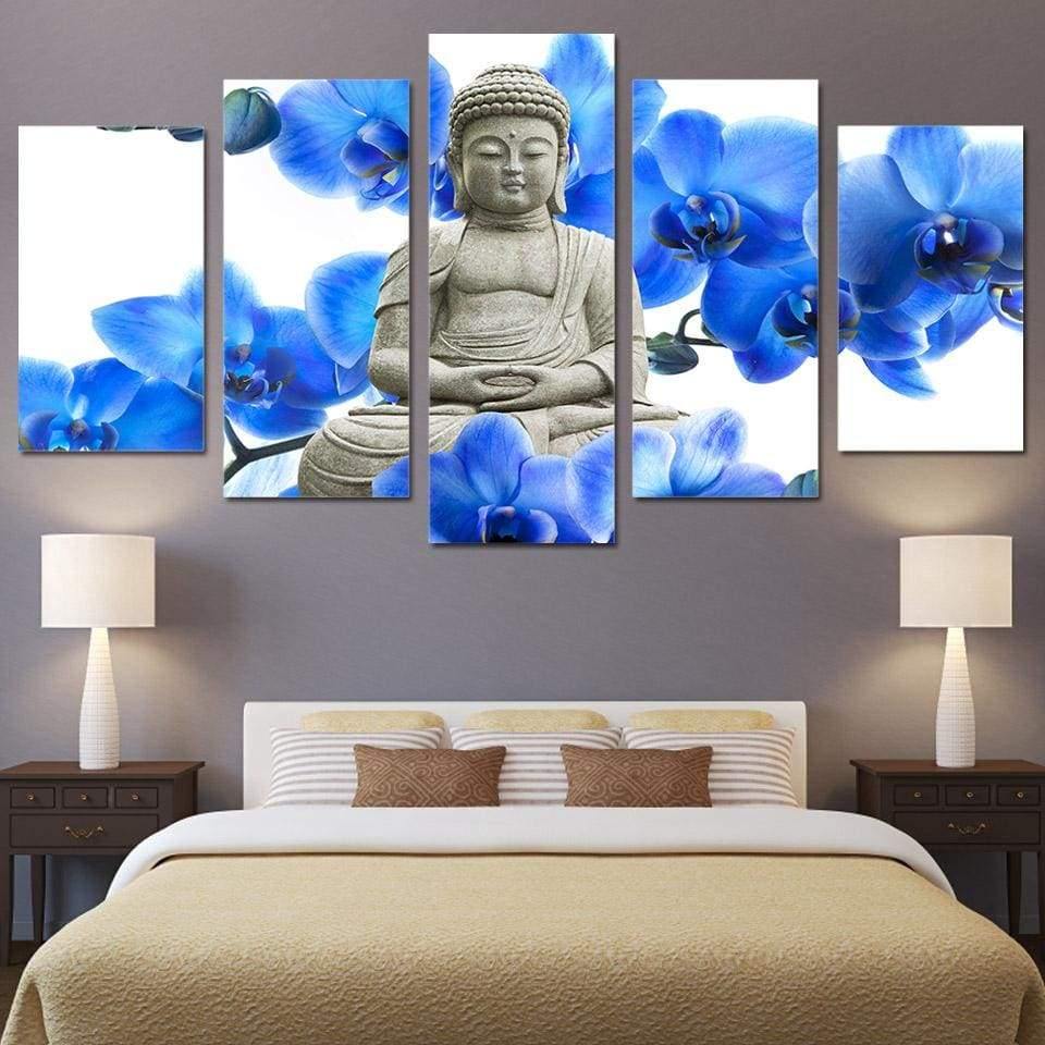 BOUDDHA, FLEURS BLEUES - Tableau mural sur toile imprimée - Art-Cadre.fr
