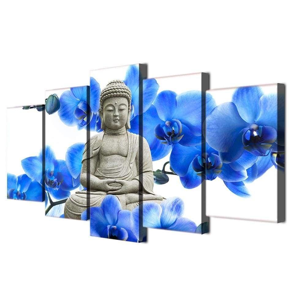 BOUDDHA, FLEURS BLEUES - Tableau mural sur toile imprimée - Art-Cadre.fr