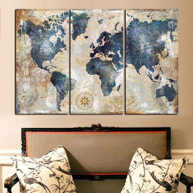 Tableau Carte du Monde | Décoration murale triptyque imprimée sur toile. - Art-Cadre.fr