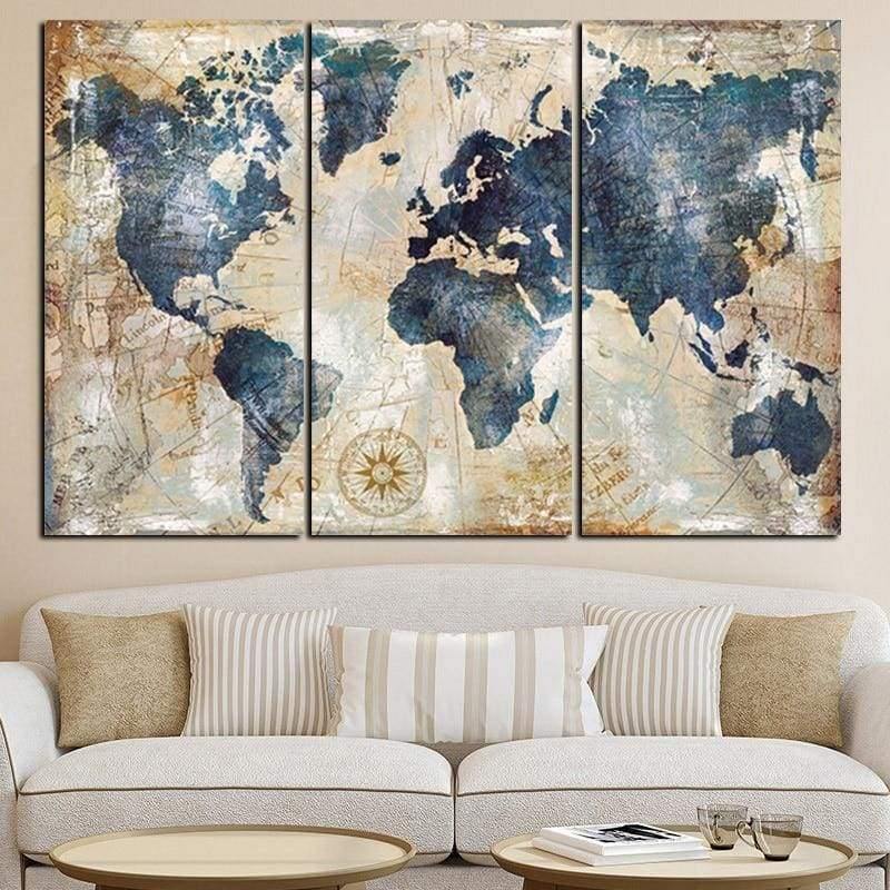 Tableau Carte du Monde | Triptyque imprimé sur toile. - Art-Cadre.fr