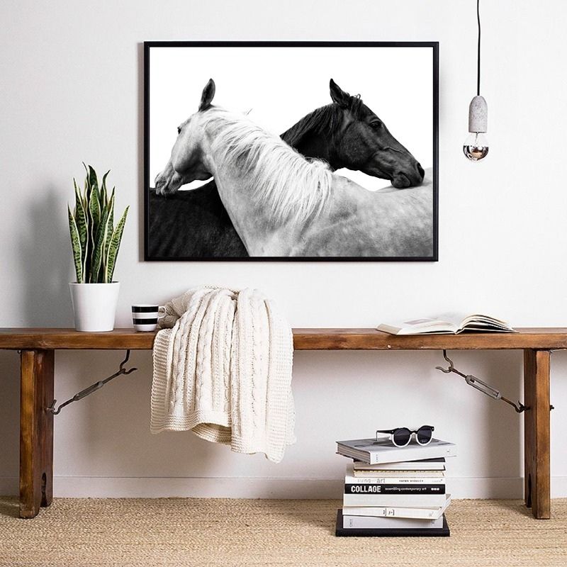 Tableau cheval noir et blanc cadre