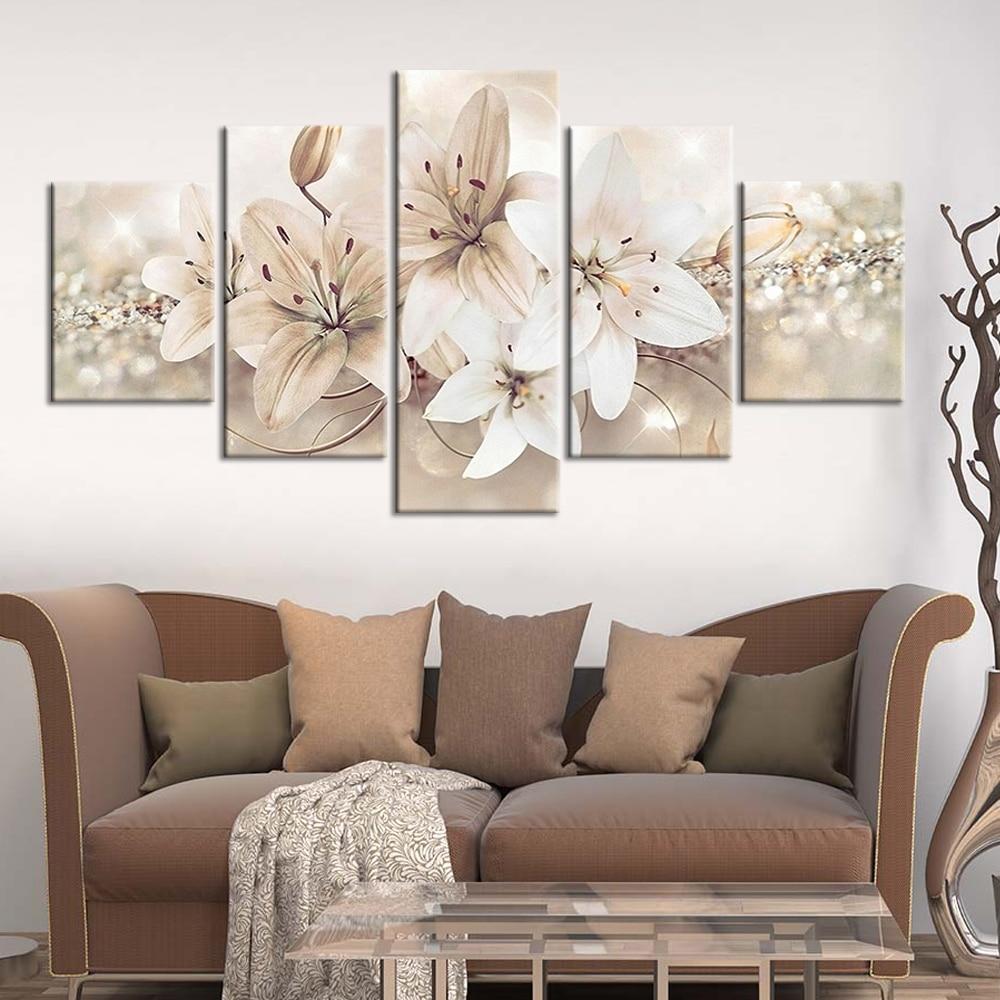 Tableau Fleurs de lys | Déco salon, toile en 5 parties imprimées. - Art-Cadre.fr