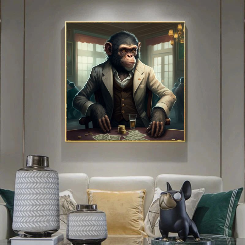 tableau singe qui joue au poker sur cadre