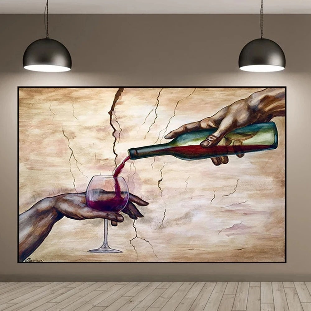 Tableau parodie la création d'Adam verre de vin decoration