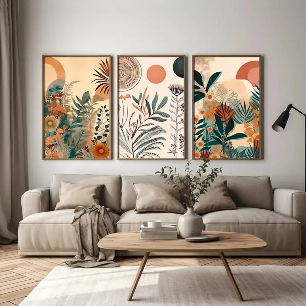 Triptyque floral boheme exotique deco salon