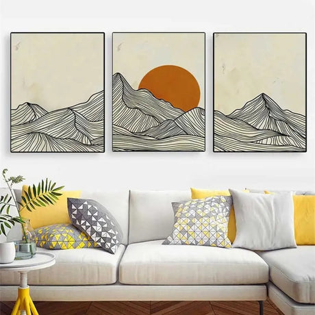 Triptyque lignes de montagnes minimaliste dessinés